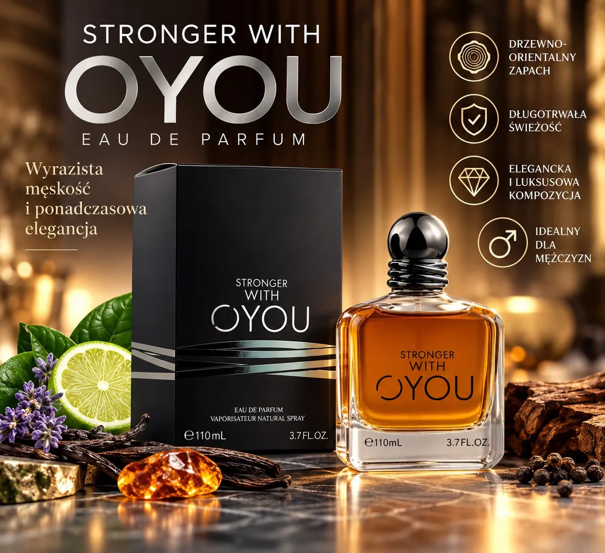 Perfumy męskie Stronger With OYOU 110ml z czarnym flakonem i opakowaniem na marmurowym blacie