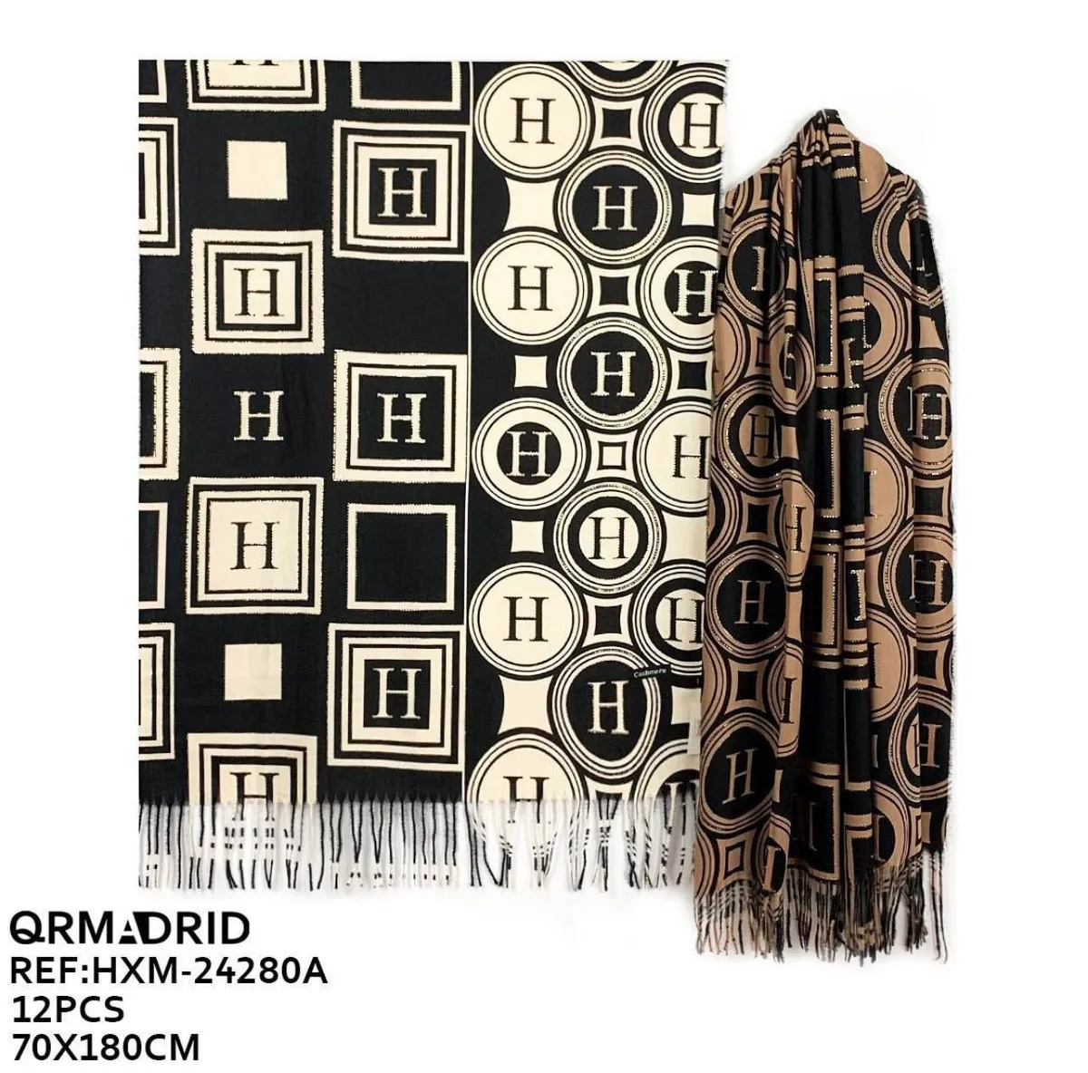 Trzy szaliki damskie QR Madrid z wzorem litery H w kolorach czarnym, kremowym i brązowym o wymiarach 70x180 cm