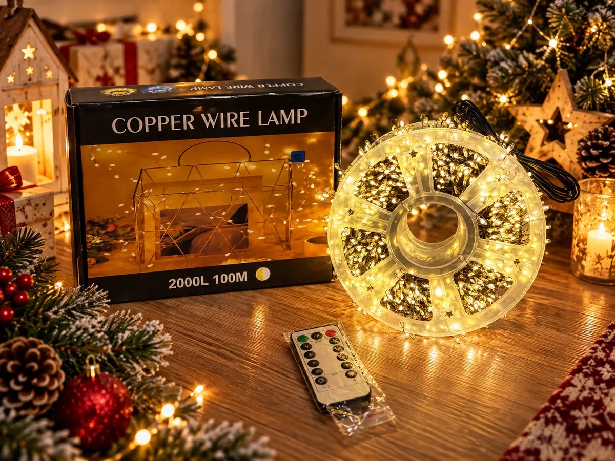 Lampki choinkowe LED na zielonym druciku zwinięte na plastikowej szpuli z pilotem i opakowaniem