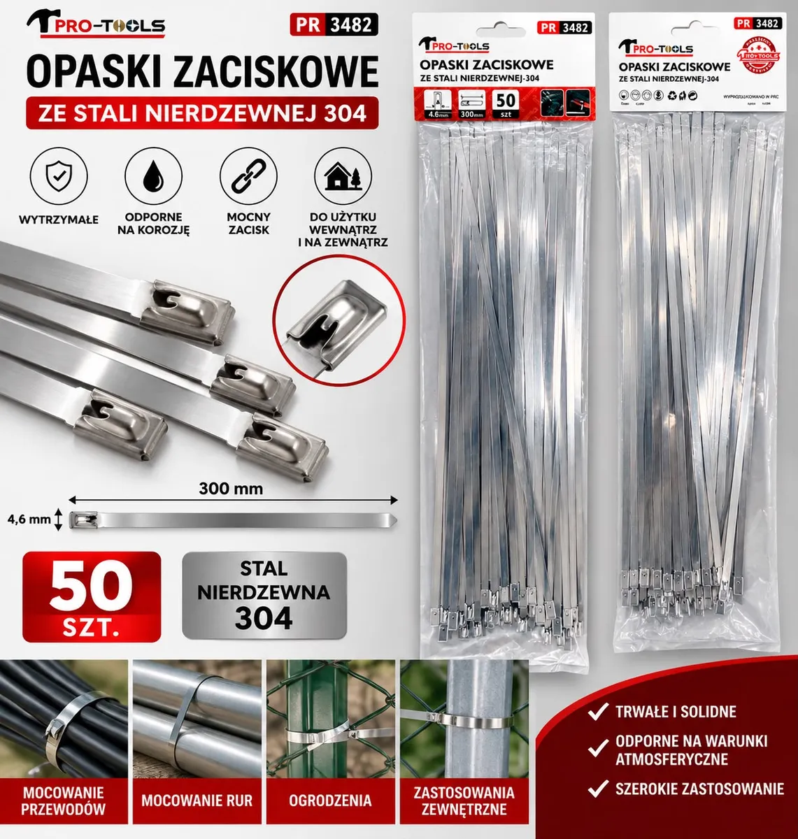 opakowanie 50 metalowych opasek zaciskowych ze stali nierdzewnej 304, długość 300 mm, szerokość 4,6 mm