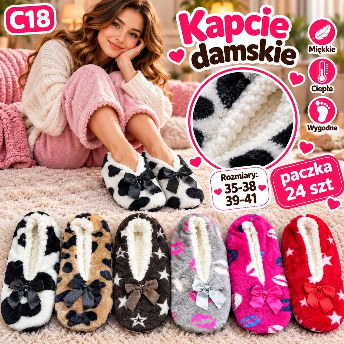 Kapcie damskie w różnych wzorach z miękkiego materiału z kokardką, rozmiary 35-38 i 39-41