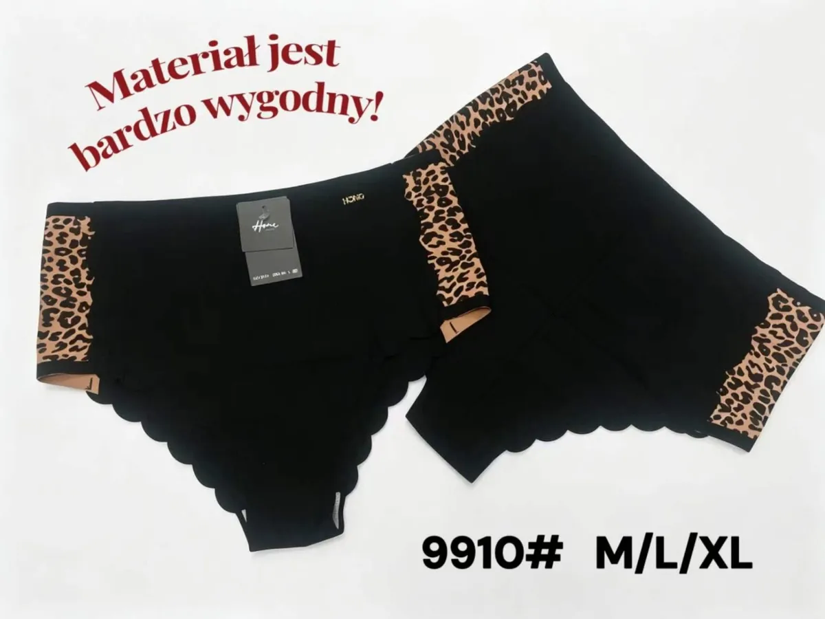 Czarne majtki damskie z panterkowymi wstawkami i falbanką na krawędziach, rozmiary M L XL