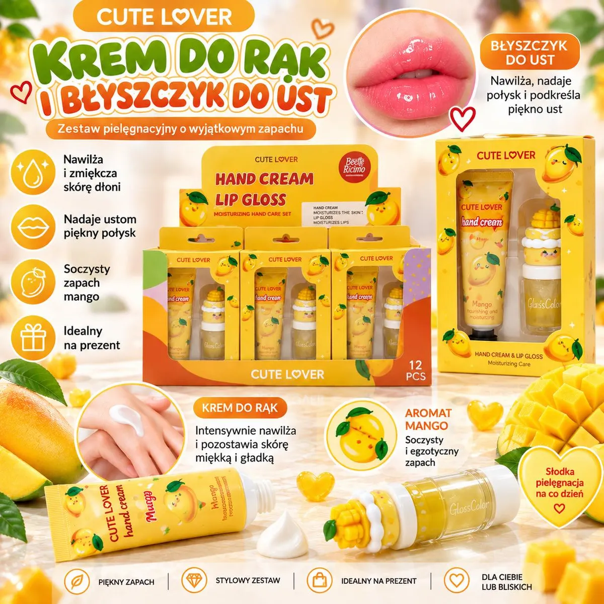Zestaw kosmetyków Cute Lover krem do rąk i błyszczyk do ust z motywem mango w żółtym opakowaniu