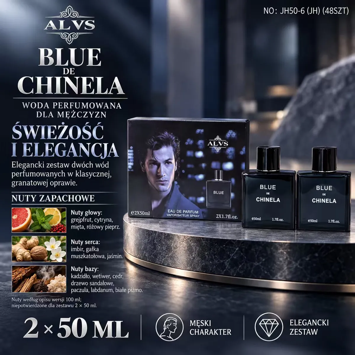Zestaw dwóch granatowych flakonów wody perfumowanej Alvs Blue de Chinela 2x50 ml z eleganckim opakowaniem