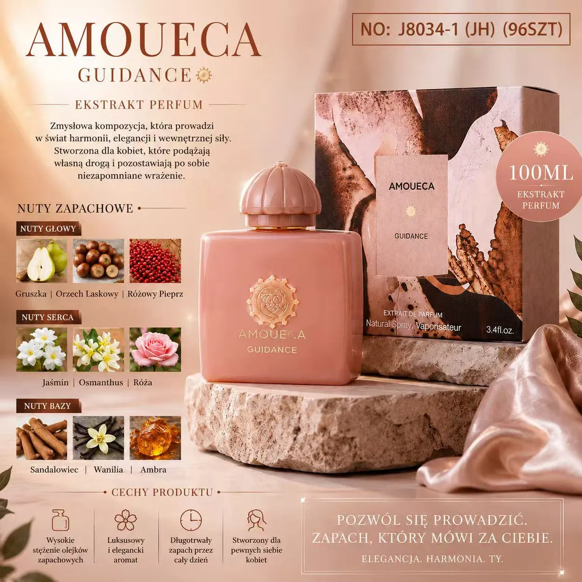 Butelka pudrowo-różowych perfum Amoueca Guidance 100 ml z eleganckim kartonikiem i opisem nut zapachowych