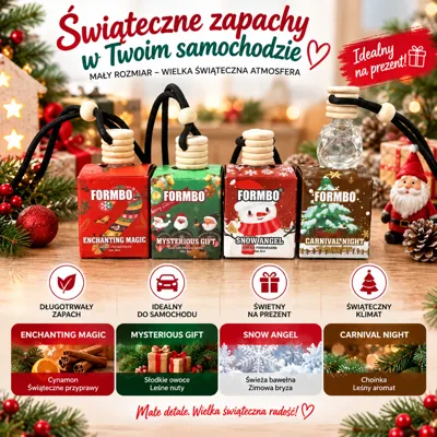 Zestaw czterech świątecznych zapachów do auta Formbo w kolorowych buteleczkach z drewnianym korkiem i zawieszką