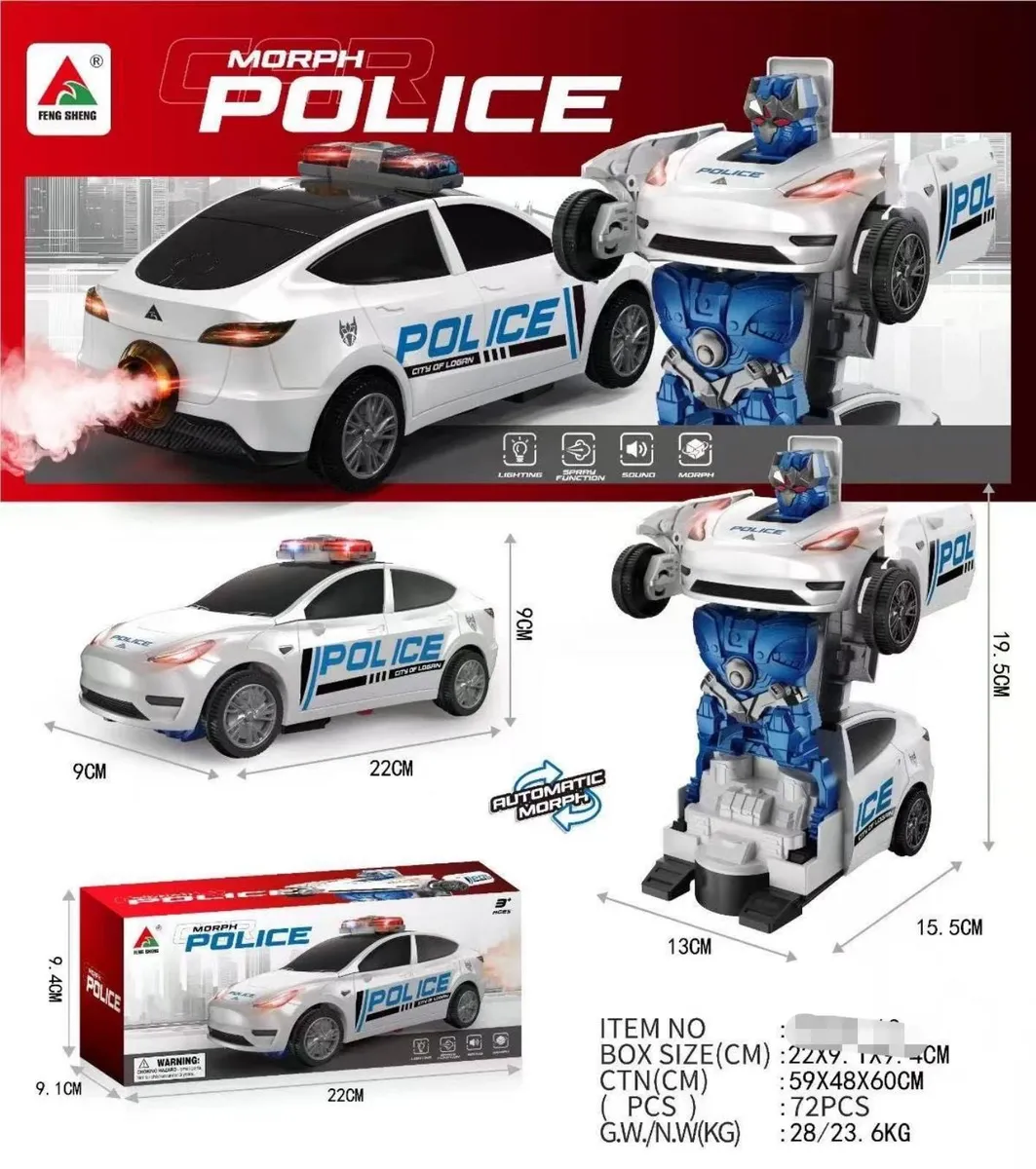 biały samochód policyjny Morph Police z niebieskimi detalami i funkcją transformacji w robota