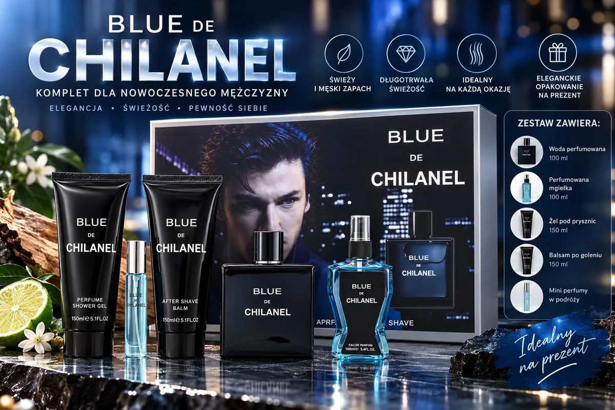 Zestaw kosmetyków i perfum Blue de Chilanel dla mężczyzn w eleganckim czarnym opakowaniu prezentowym