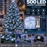 Lampki choinkowe 500 LED na druciku zimna biel 20 m + 3 m z pilotem