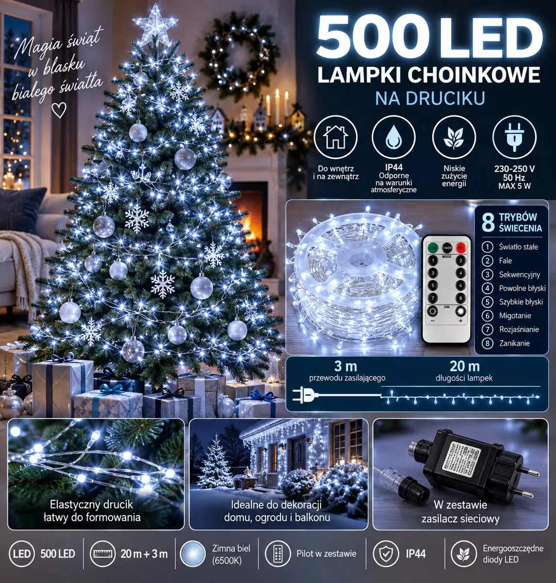 Lampki choinkowe 500 LED na druciku w zimnej bieli z pilotem i zasilaczem, dekoracja choinki i domu