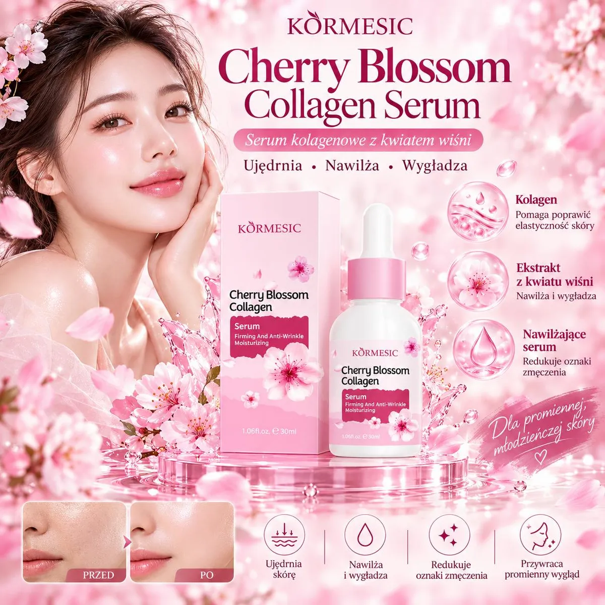 Butelka serum KORMESIC Cherry Blossom Collagen 30 ml z różową pipetą i opakowaniem z motywem kwiatów wiśni