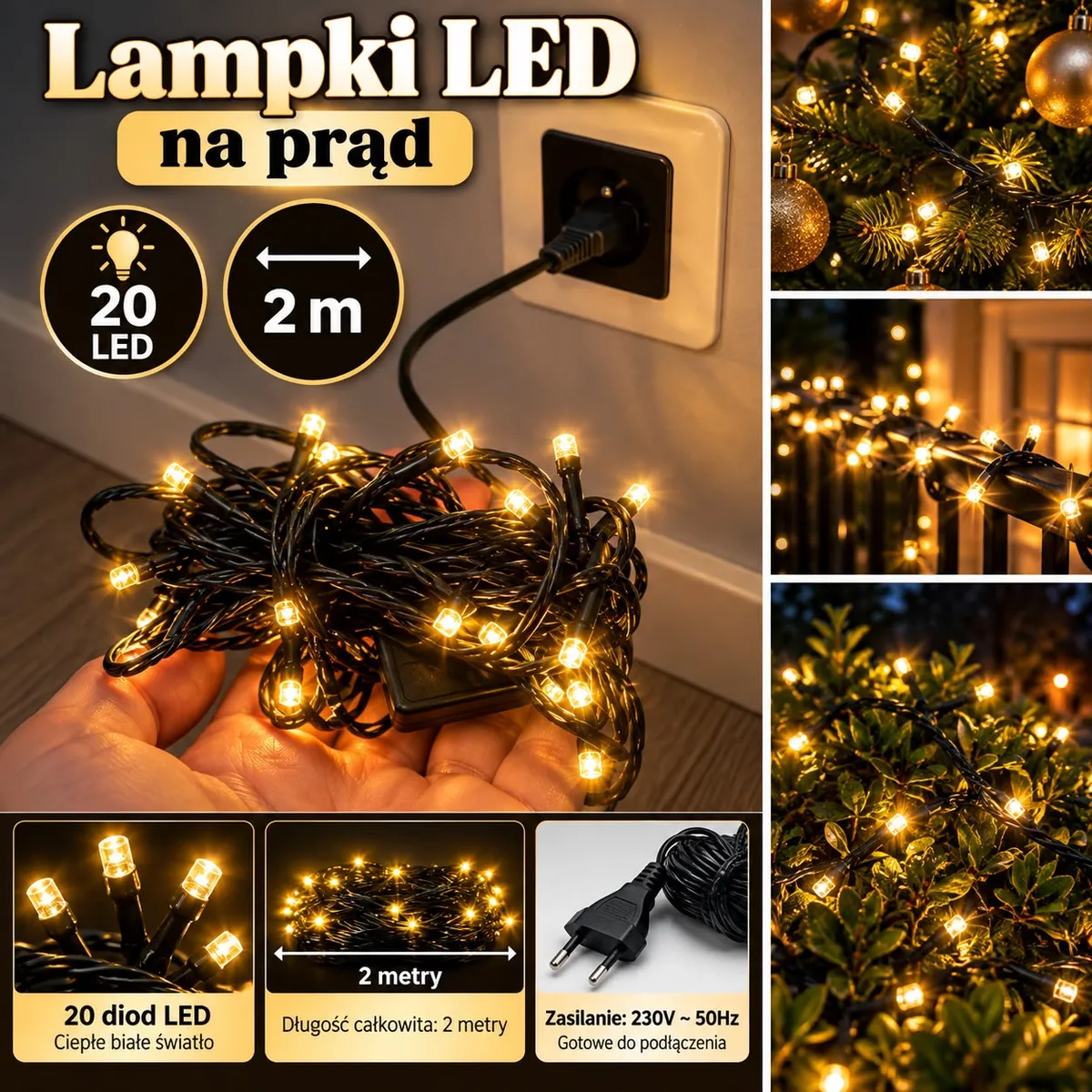 Lampki choinkowe LED 20 diod ciepłe białe światło na czarnym przewodzie z wtyczką 230V