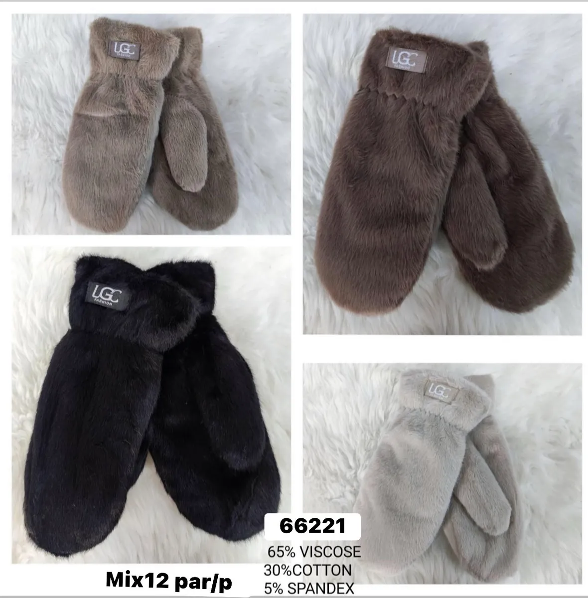 Rękawiczki damskie futrzane w kolorach jasnobrązowym, czarnym i jasnoszarym z naszywką UGG Fashion