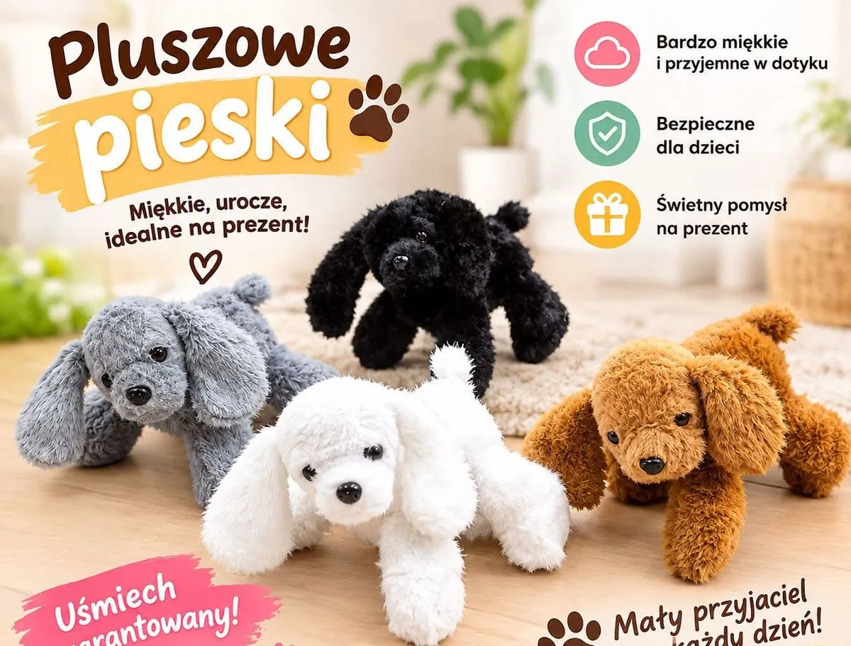 Pluszowe pieski w kolorach czarnym, białym, szarym i brązowym na jasnym tle