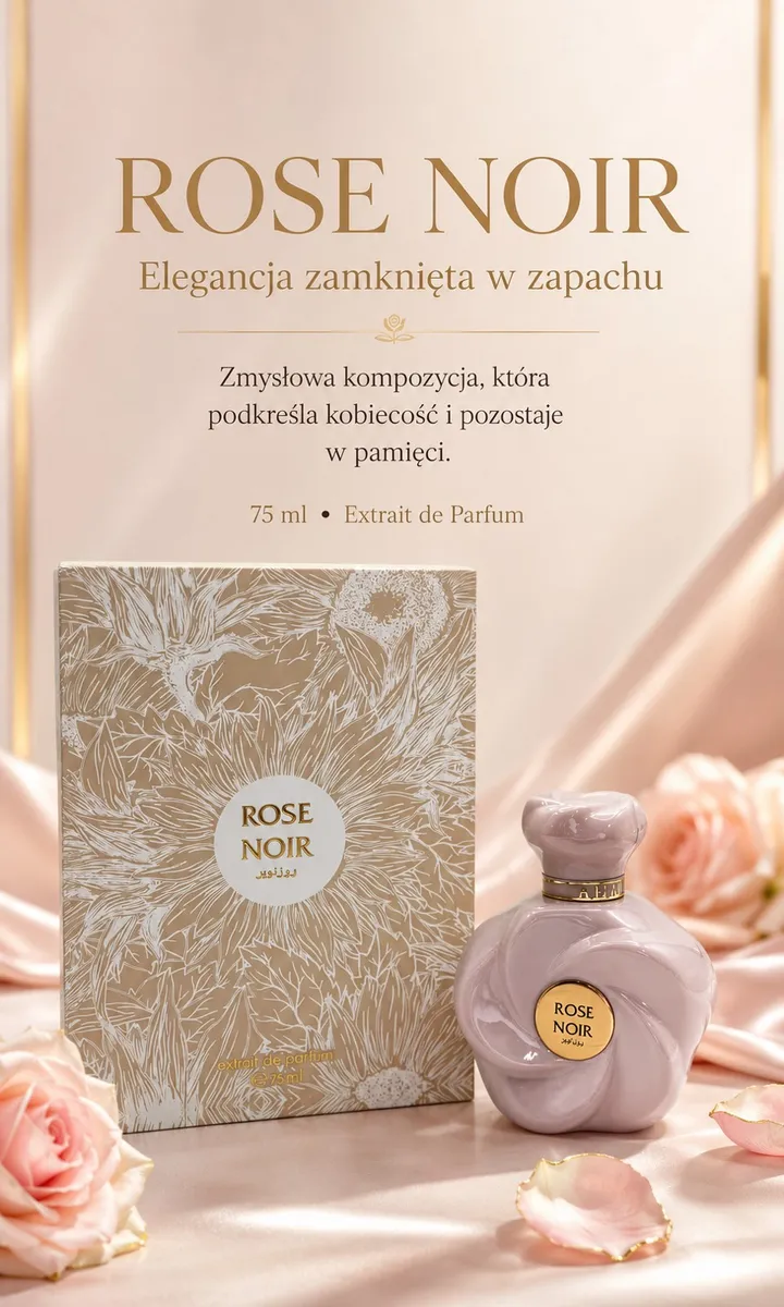 Butelka perfum Rose Noir w pudrowym różu z eleganckim złotym napisem i ozdobne opakowanie z kwiatowym wzorem