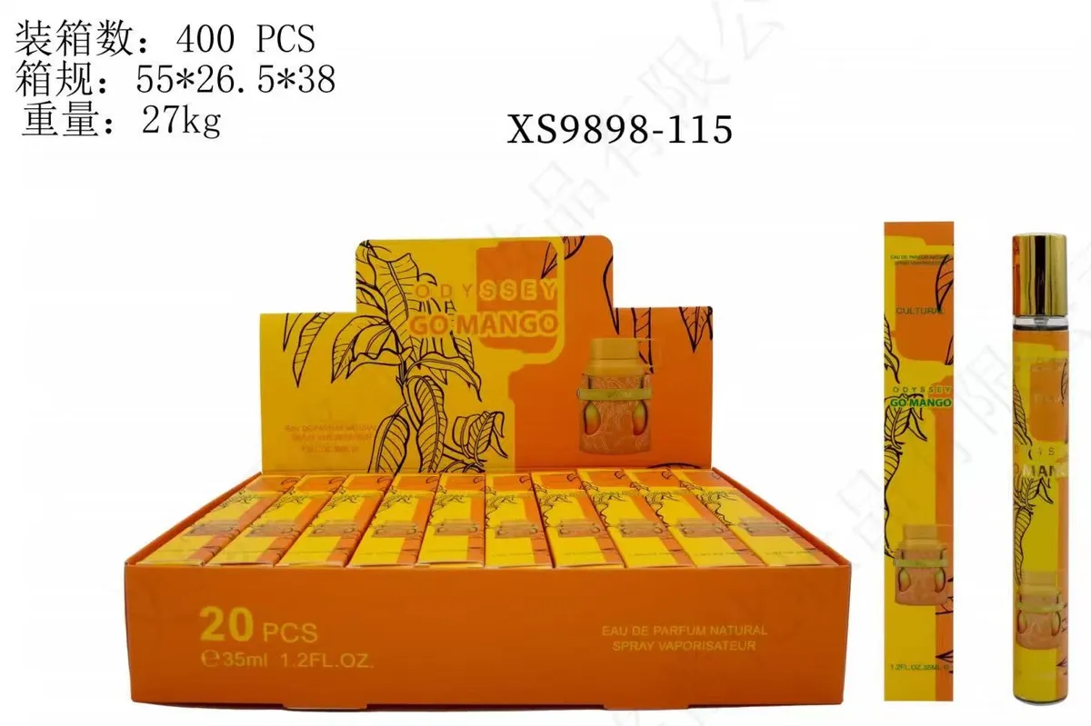 Pomarańczowe perfumetki Go Mango 35ml w opakowaniu zbiorczym 20 sztuk z motywem liści i owoców
