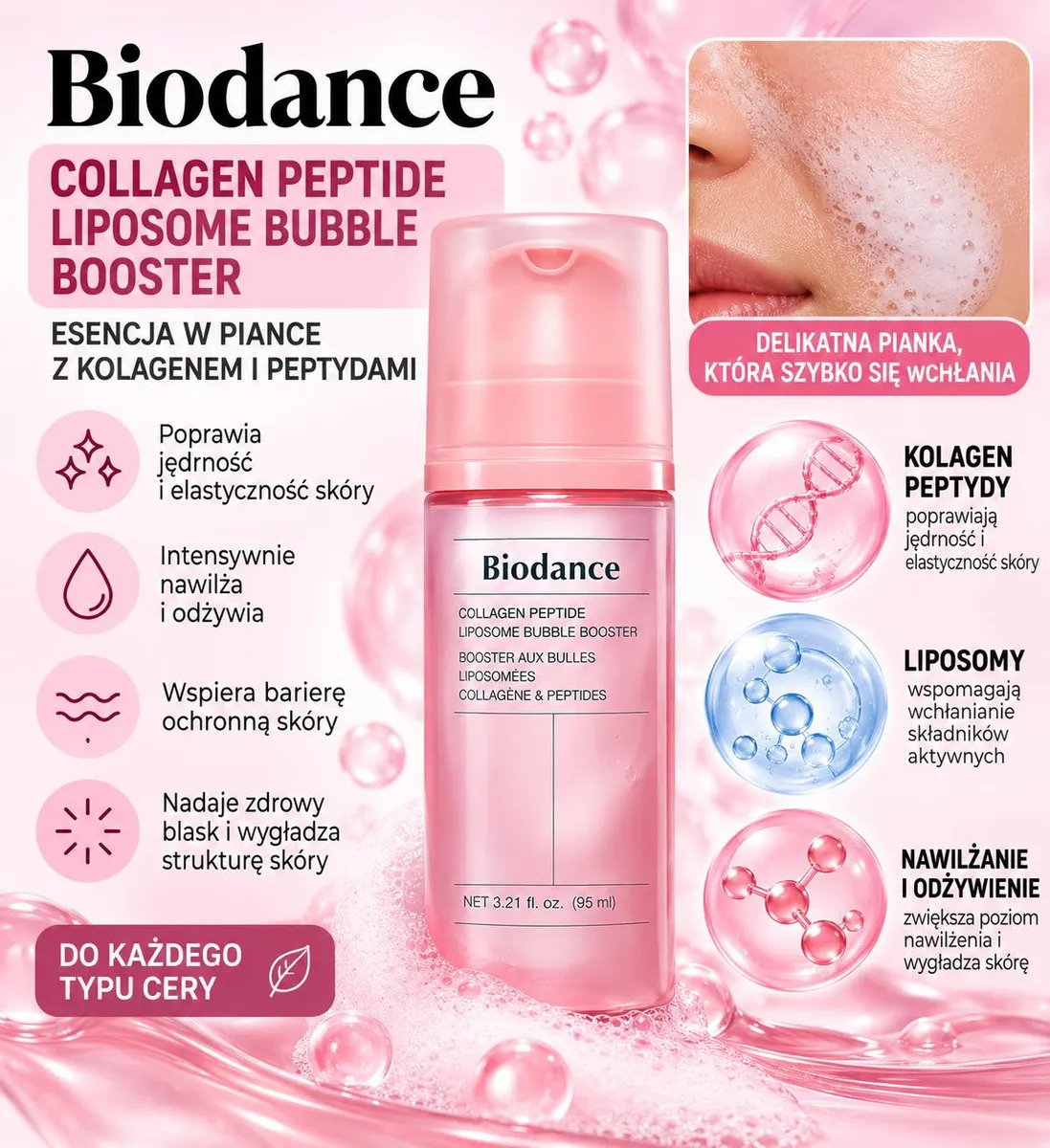 różowy dozownik z piankową esencją do twarzy Biodance 95 ml z opisem działania i składników