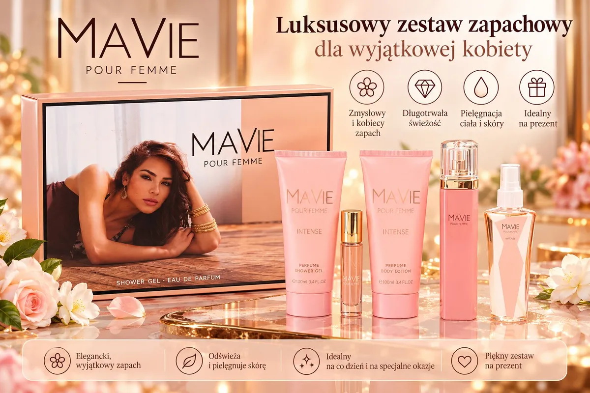 Różowy luksusowy zestaw zapachowy Mavie Pour Femme z żelem, balsamem, perfumami i sprayami w eleganckim pudełku prezentowym