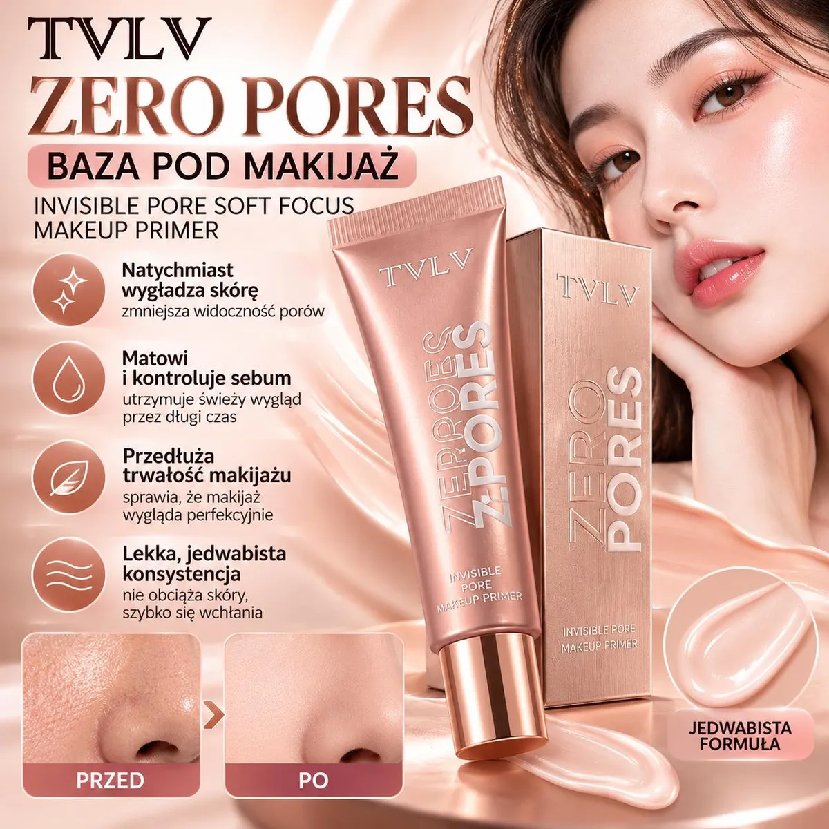 Różowo-złota tubka bazy pod makijaż TVLV Zero Pores z opakowaniem i modelką z gładką cerą
