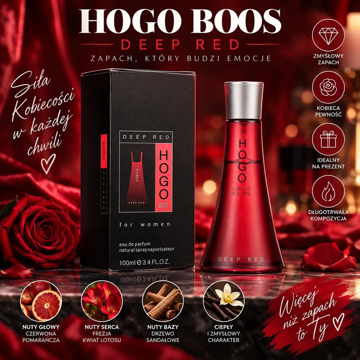 Czerwony flakon perfum HOGO BOOS Deep Red obok czarnego pudełka na tle czerwonych róż