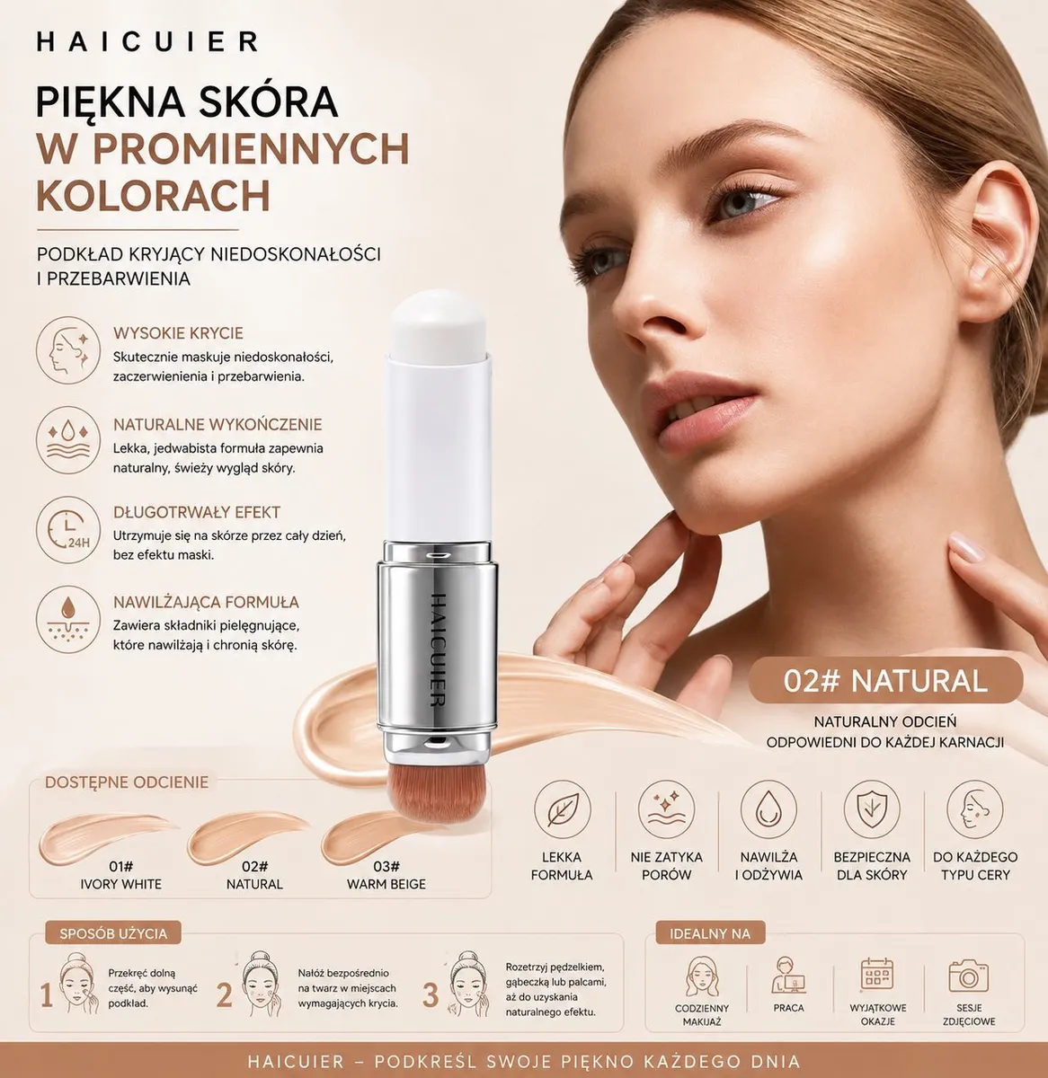 Podkład w sztyfcie HAICUIER 02# Natural z pędzelkowym aplikatorem i modelką o jasnej karnacji