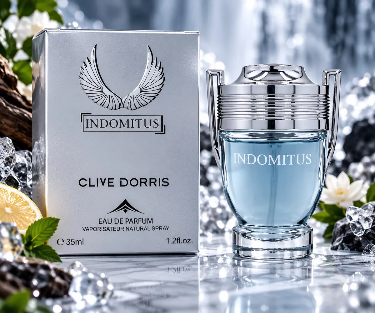 Perfumy Indomitus Clive Dorris 35ml w srebrnym flakonie i srebrnym opakowaniu na marmurowym tle