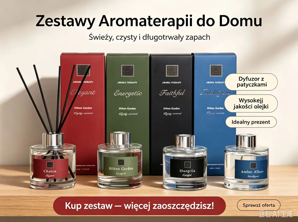 Zestaw czterech dyfuzorów aromaterapii z patyczkami i kolorowymi opakowaniami na drewnianym stole