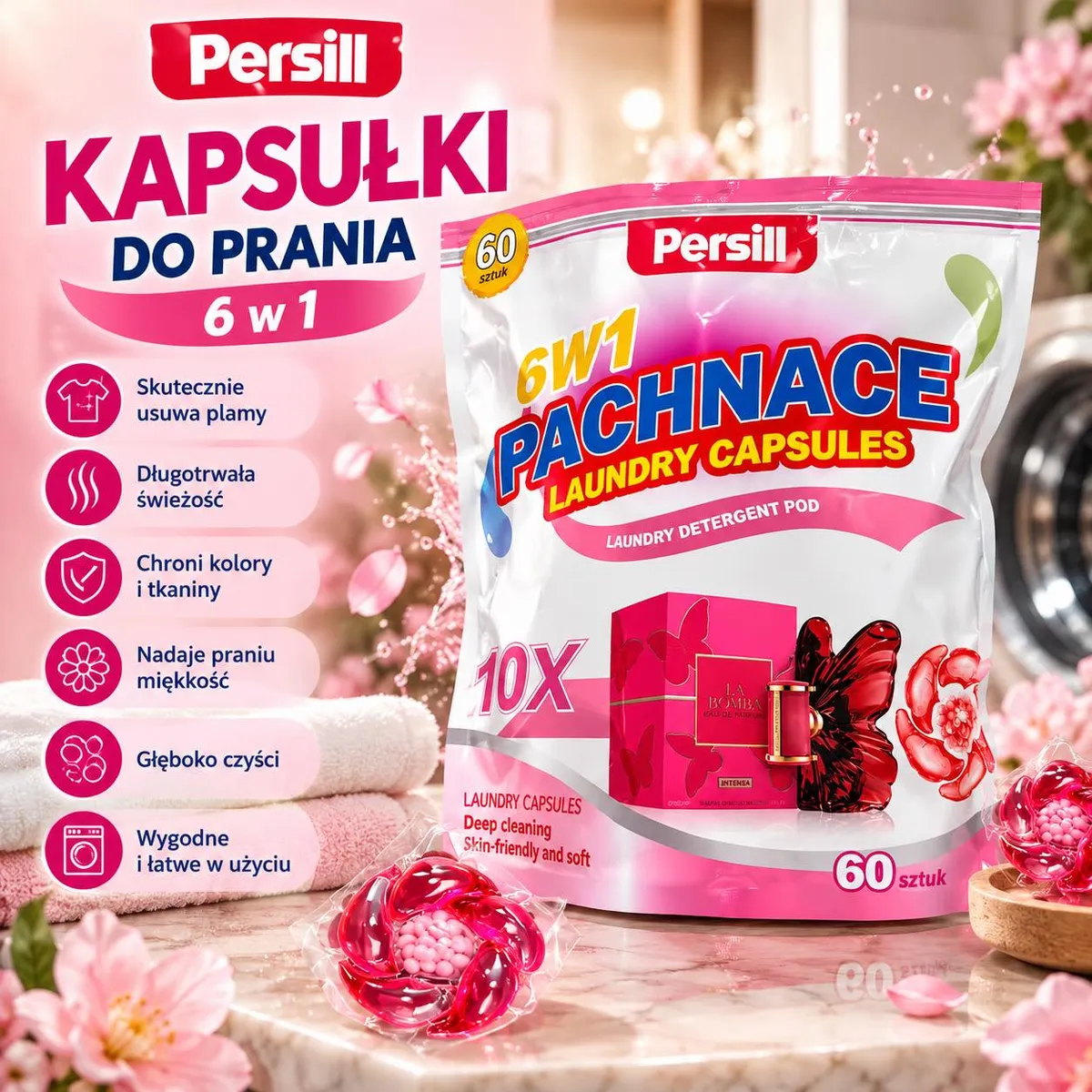 Opakowanie kapsułek do prania Persill 6 w 1, 60 sztuk, różowo-białe z czerwonymi akcentami, kapsułka kwiatowa