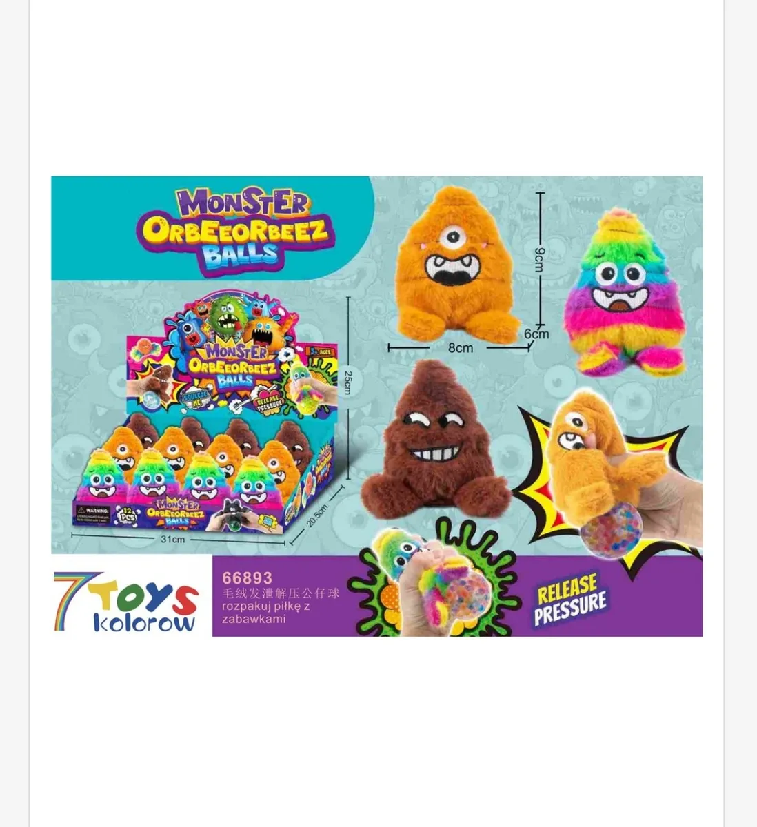 Pluszowe kolorowe potworki Monster Orbeez Balls z żelowymi kulkami do ściskania