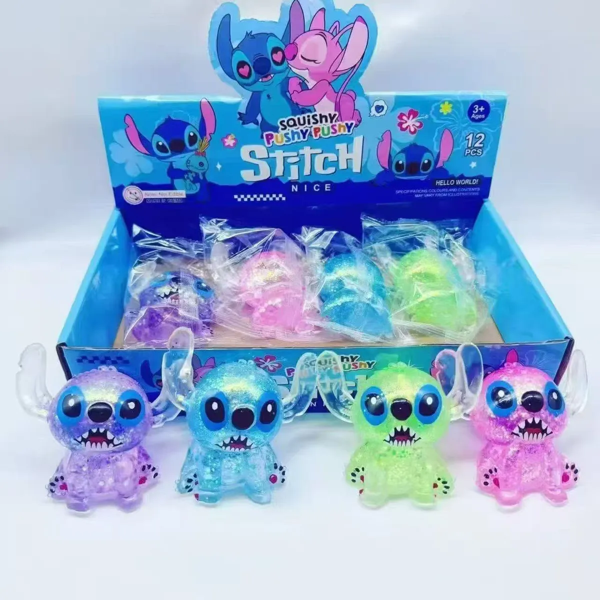 Miękkie przezroczyste figurki Stitch w pastelowych kolorach z brokatem, 12 sztuk w opakowaniu