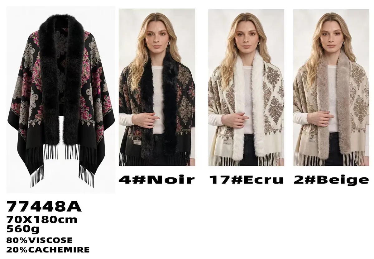Poncza damskie z futrzanym kołnierzem w kolorach czarnym, ecru i beżowym, z frędzlami, 70x180 cm