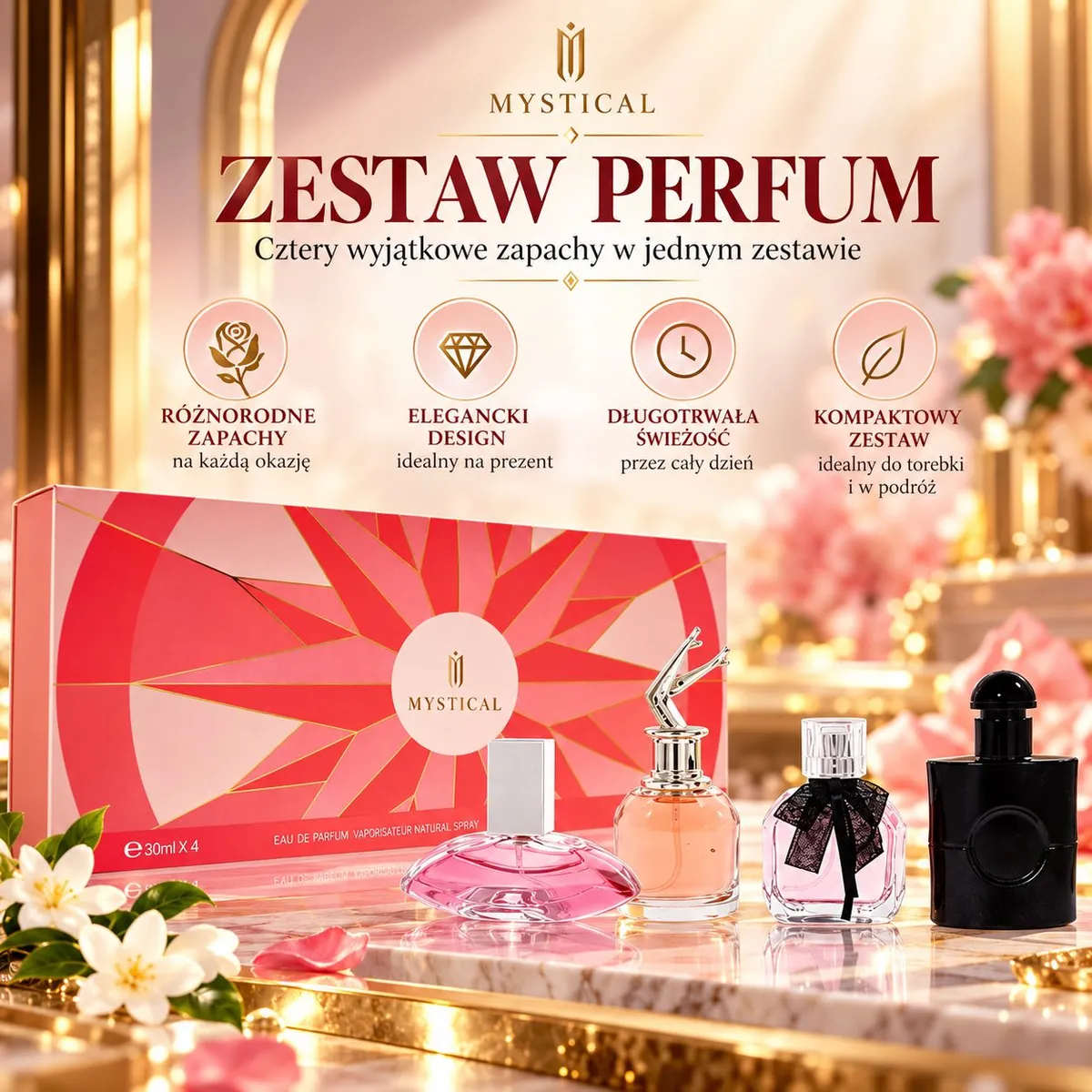 Zestaw czterech perfum Mystical w eleganckich flakonach i czerwono-różowo-złotym opakowaniu