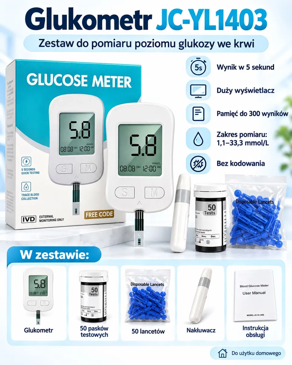 Zestaw glukometru JC-YL1403 z białym urządzeniem, paskami testowymi, lancetami i nakłuwaczem