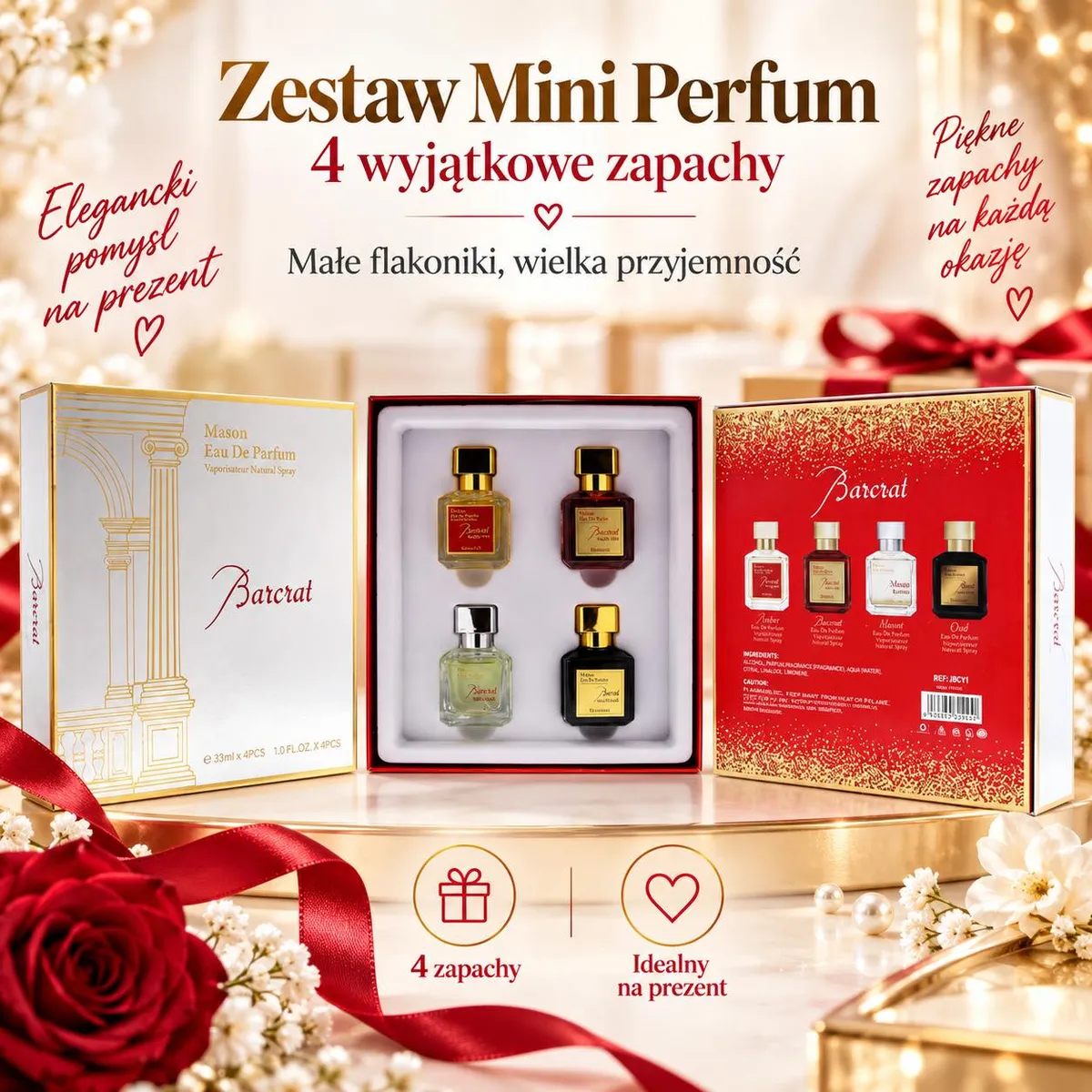 Zestaw czterech mini perfum Barcrat w eleganckim białym i czerwonym opakowaniu z złotymi zdobieniami