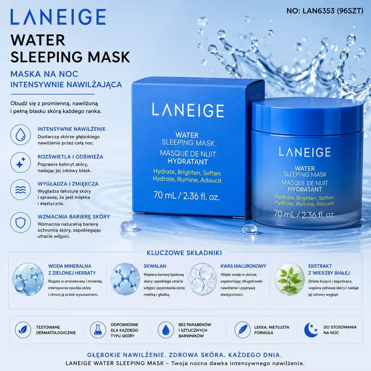Granatowe opakowanie i słoik Laneige Water Sleeping Mask 70 ml nawilżająca maska na noc