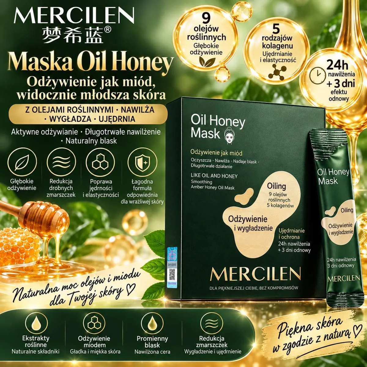 Opakowanie zielonej maski do twarzy MERCILEN Oil Honey Mask z pojedynczą saszetką i grafiką miodu