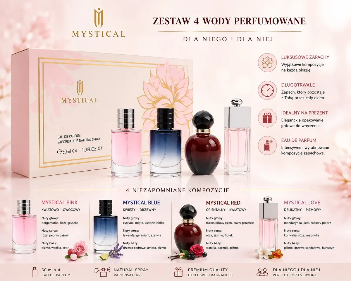 Zestaw 4 butelek perfum Mystical w eleganckim jasnoróżowym opakowaniu z motywem kwiatowym