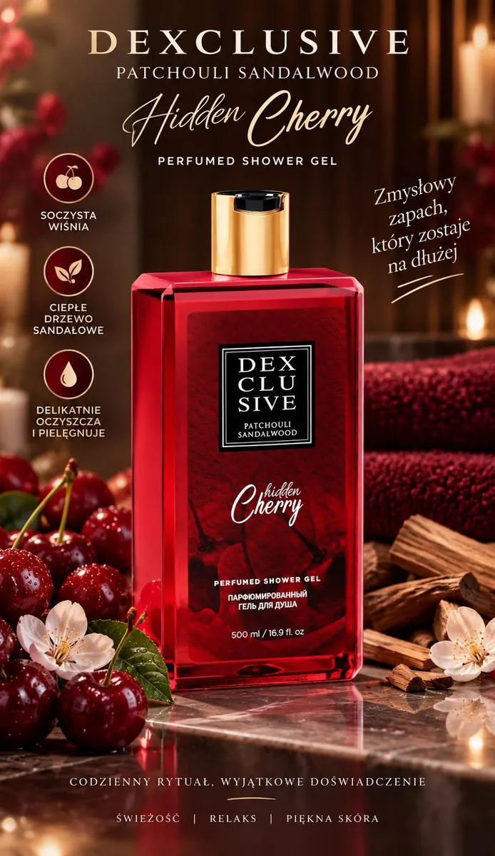 Czerwony flakon perfumowanego żelu pod prysznic DEXCLUSIVE Hidden Cherry 500 ml z złotą nakrętką na tle wiśni i drewna sandał