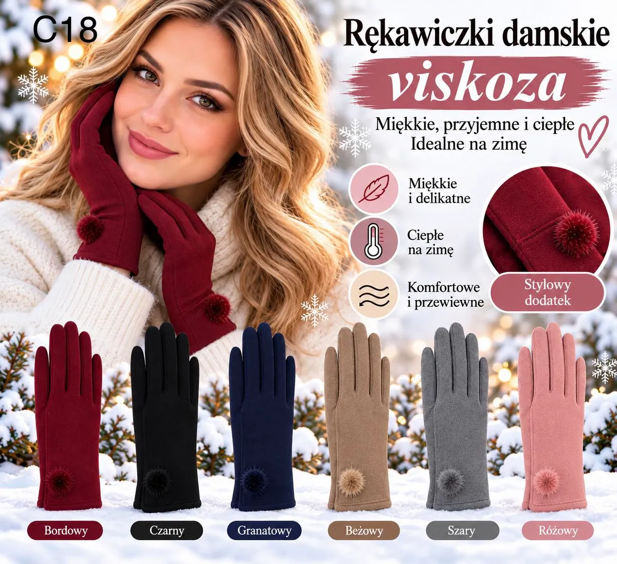 Rękawiczki damskie z wiskozy w kolorach bordowym, czarnym, granatowym, beżowym, szarym i różowym z pomponem