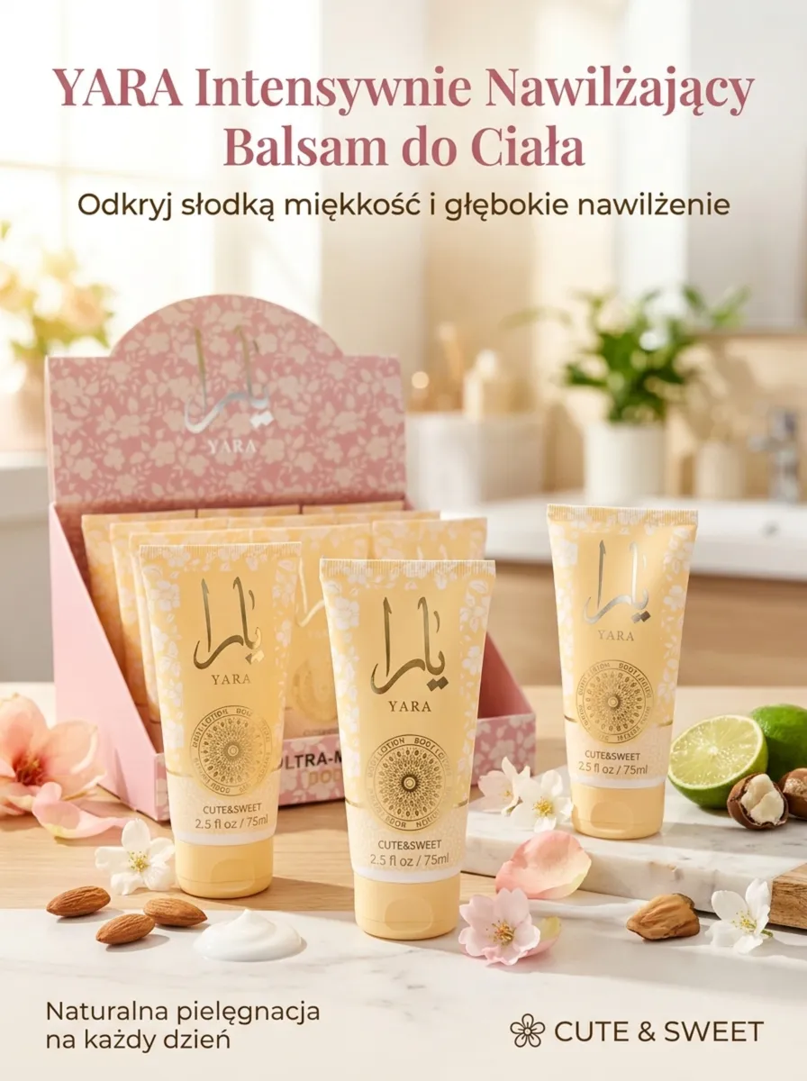 balsam do ciała YARA 75ml w pastelowo żółtej tubie z kwiatowym wzorem, opakowanie zbiorcze różowe