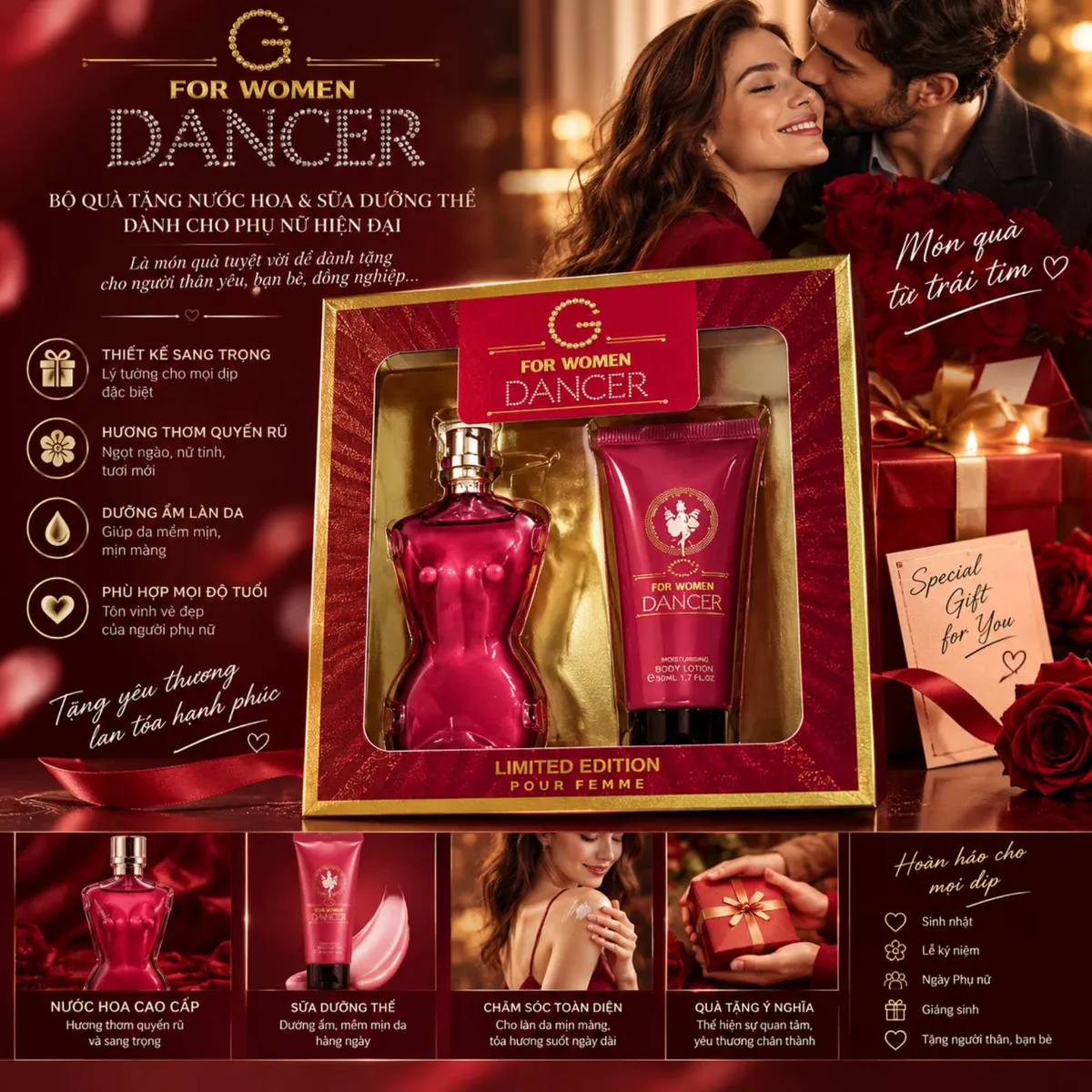 Zestaw prezentowy damski perfumy i balsam w czerwonym opakowaniu z flakonem w kształcie sylwetki kobiety