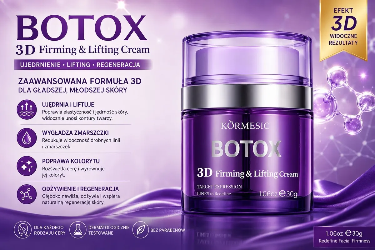 Fioletowy słoiczek kremu KORMESIC BOTOX 3D 30 g z metalicznym połyskiem i złotym oznaczeniem efektu 3D
