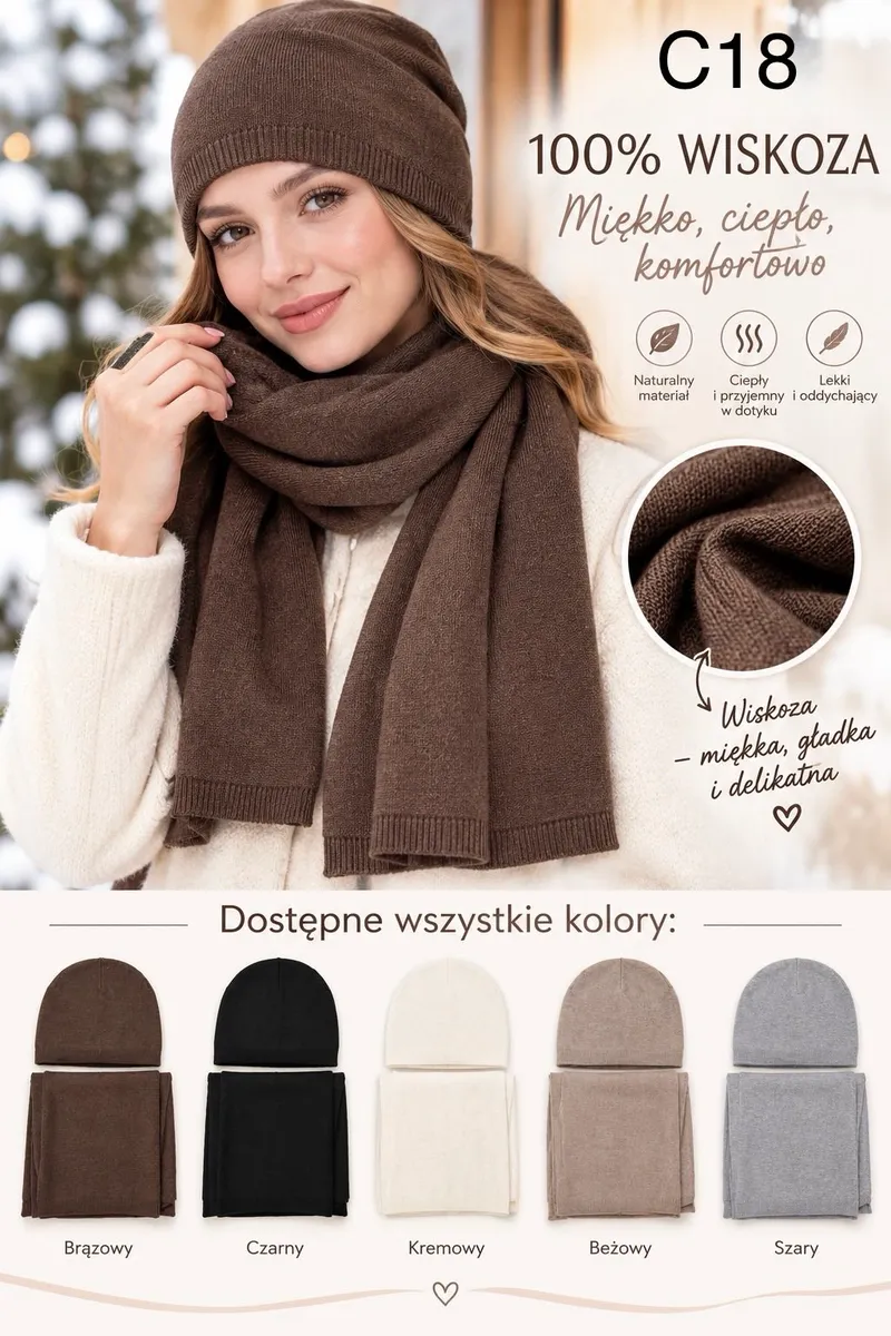 Kobieta w brązowej czapce i szaliku z wiskozy, zestaw dostępny w pięciu kolorach
