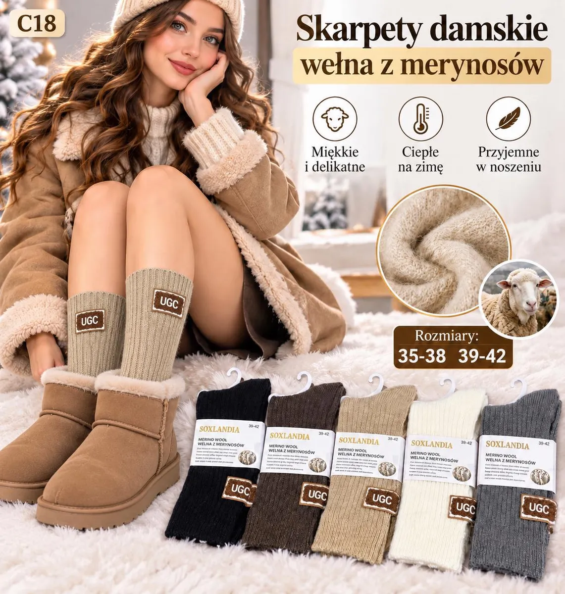 Damskie skarpety z wełny merynosów w różnych kolorach ułożone obok modelki w beżowym płaszczu i butach zimowych
