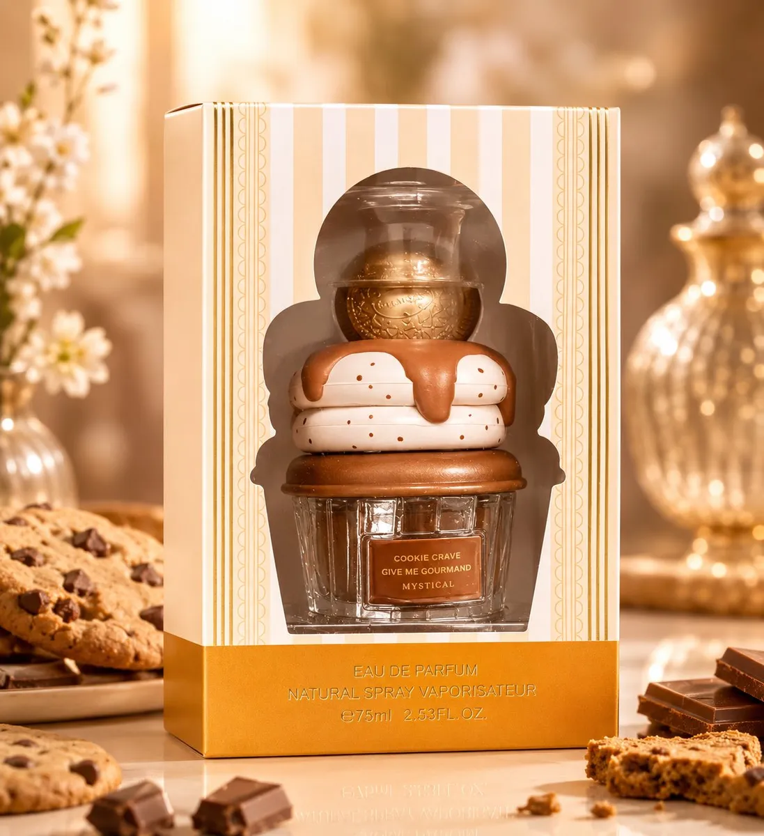 Perfumy cookie crave 75ml w szklanym flakonie z ozdobnym złotym korkiem w kartonowym opakowaniu