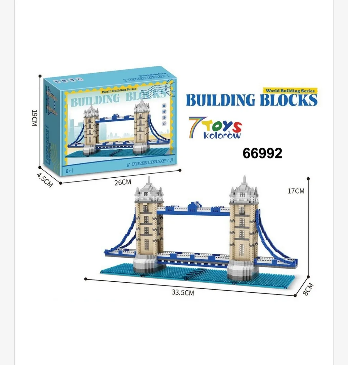 Model mostu Tower Bridge z klocków w kolorach beżowym i niebieskim z opakowaniem