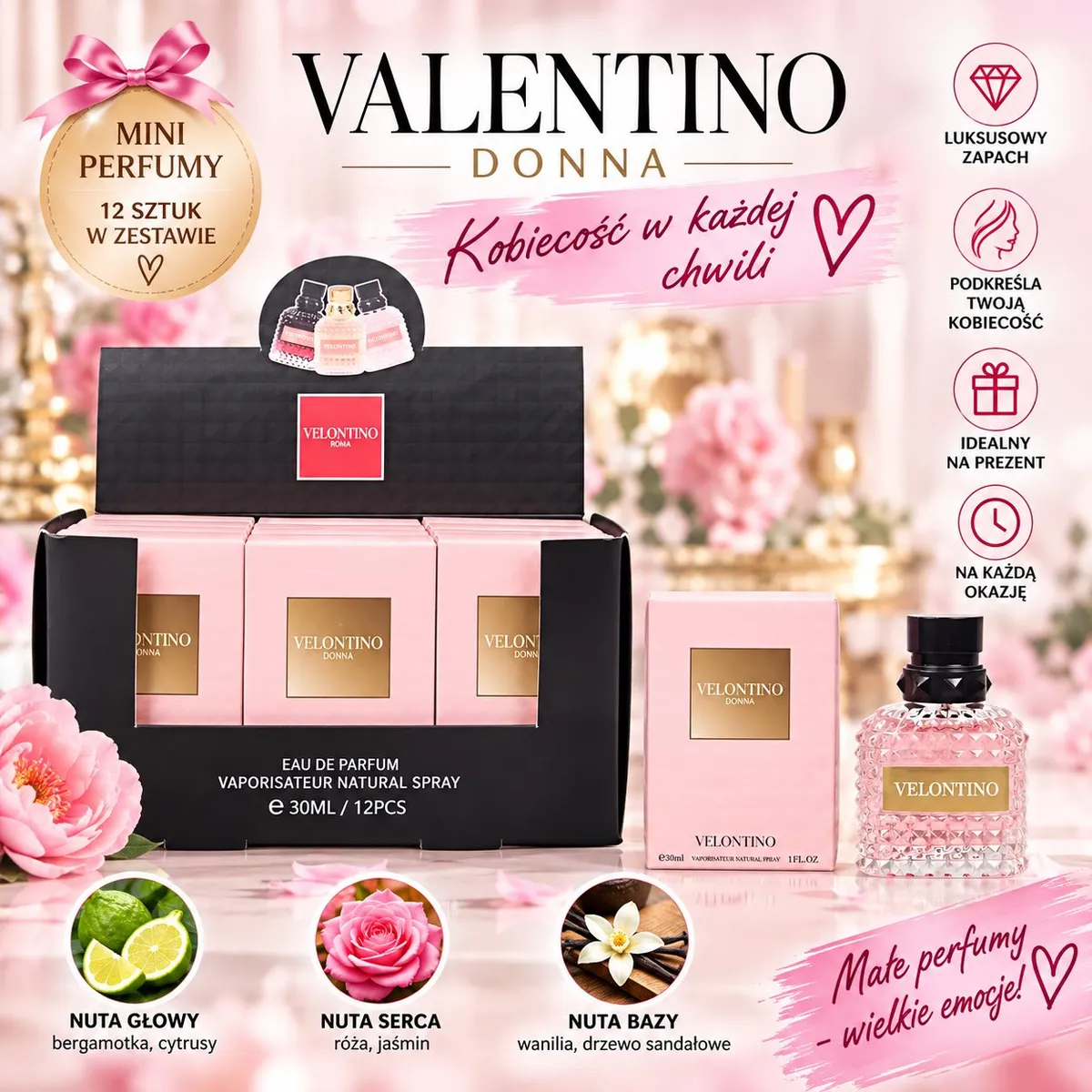 Zestaw 12 mini perfum Velontino Donna 30ml w różowych pudełkach z buteleczką o fakturze diamentów