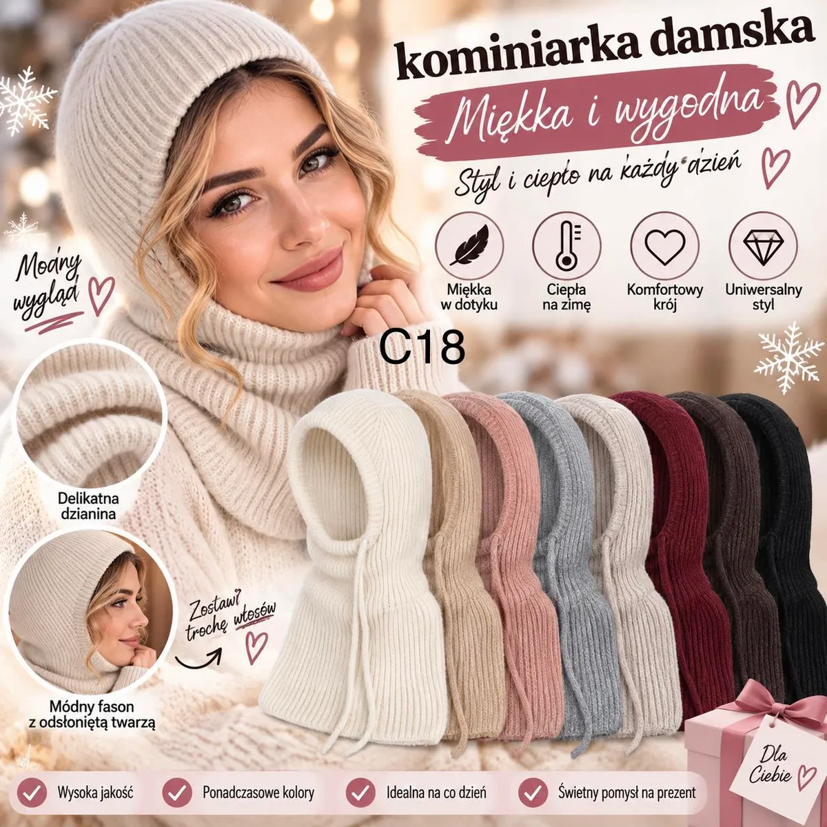 Kominiarka damska z miękkiej dzianiny w różnych kolorach, model z odsłoniętą twarzą