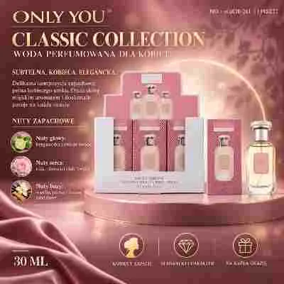 Różowe opakowanie i flakon wody perfumowanej Only You Classic Collection 30 ml z opisem nut zapachowych