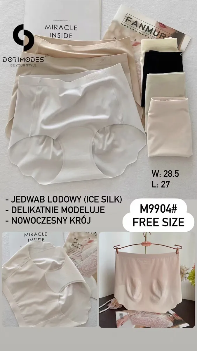 Majtki damskie jedwab lodowy w kolorach beżowym, kremowym i czarnym, nowoczesny krój, bezszwowe wykończenie